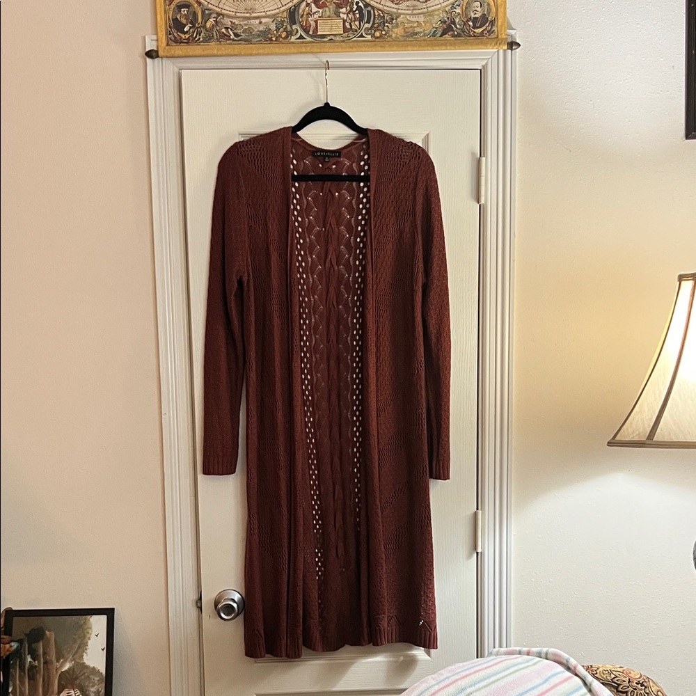 Long Brown Open-Front Cardigan